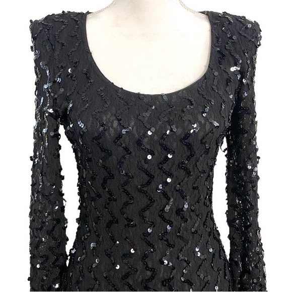 Vintage 90s Black Sequin Lace Mini Dress Long Sleeves Sexy Bodycon Stretch - Picture 3 of 6